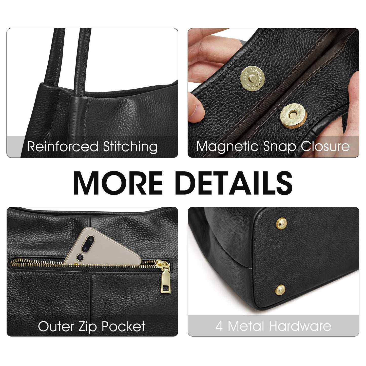 Kattee Leather Purses and Handbags for Women, Soft Genuine Leather Shoulder Hobo Bags with Top Magnetic Snap Closure, Black