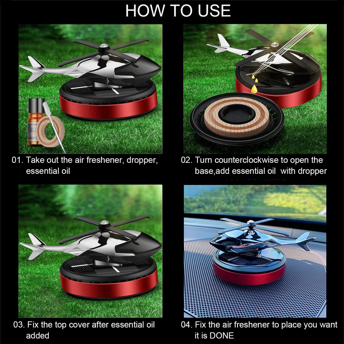 NICEADA Al Alloy Solar Powered Rotating Helicopter Shape Car air purifier, Home and Car Interior Decoration Accessories (Red)