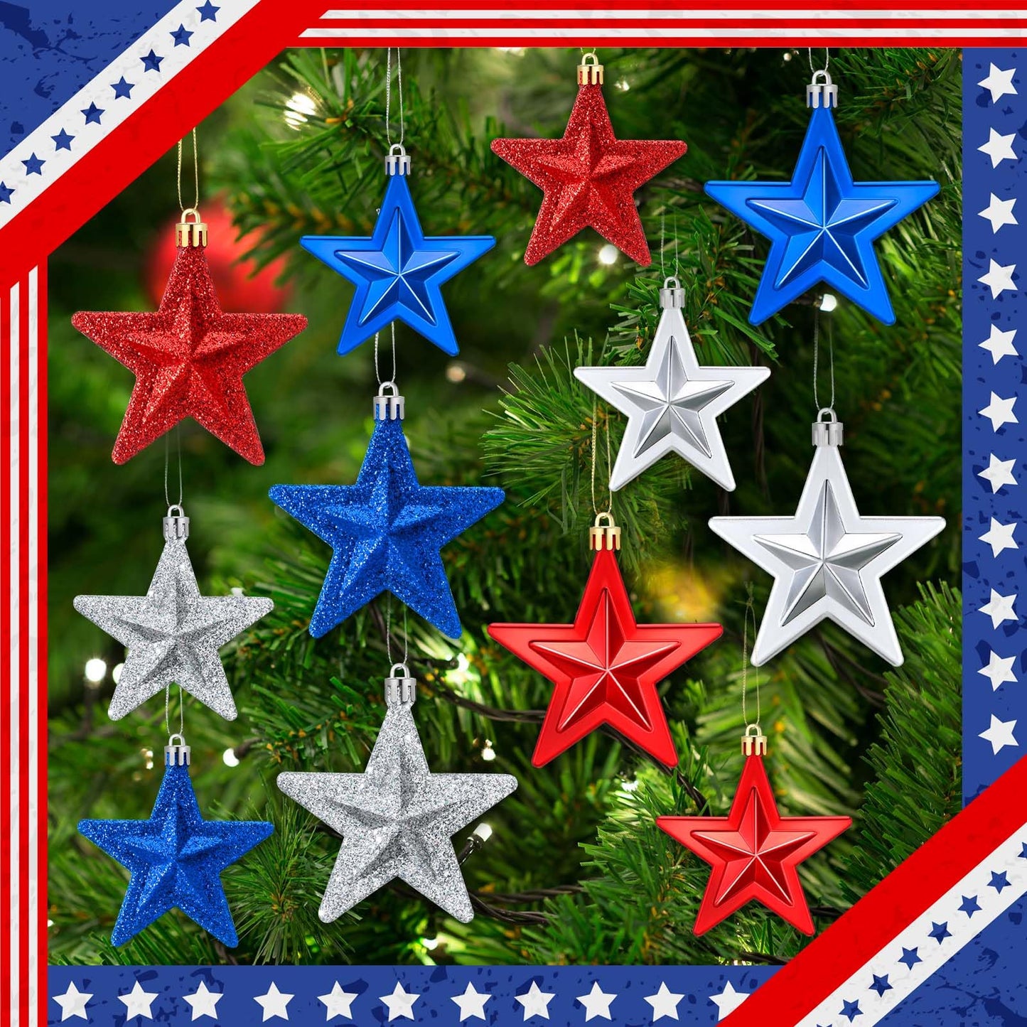 60 Pcs Patriotic Star Hanging Ornament 4th of July Tree Decor Red Blue Silver Star Ornament for Tree 4th of July Independence Pendant for 250th Anniversary Patriotic Veteran Decor