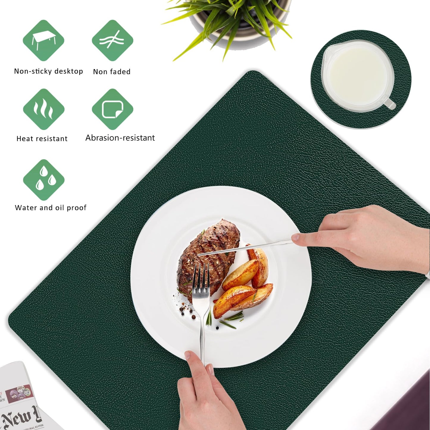Keaixinyu Placemats and Coasters Set of 6, Waterproof、Oil-Proof Wipeable、Anti Slip PVC Leather Place Mats, Heat Resistant Reversible Table Mats for Kitchen, Dining, Outdoor 17’’×12’’, (Dark Green)