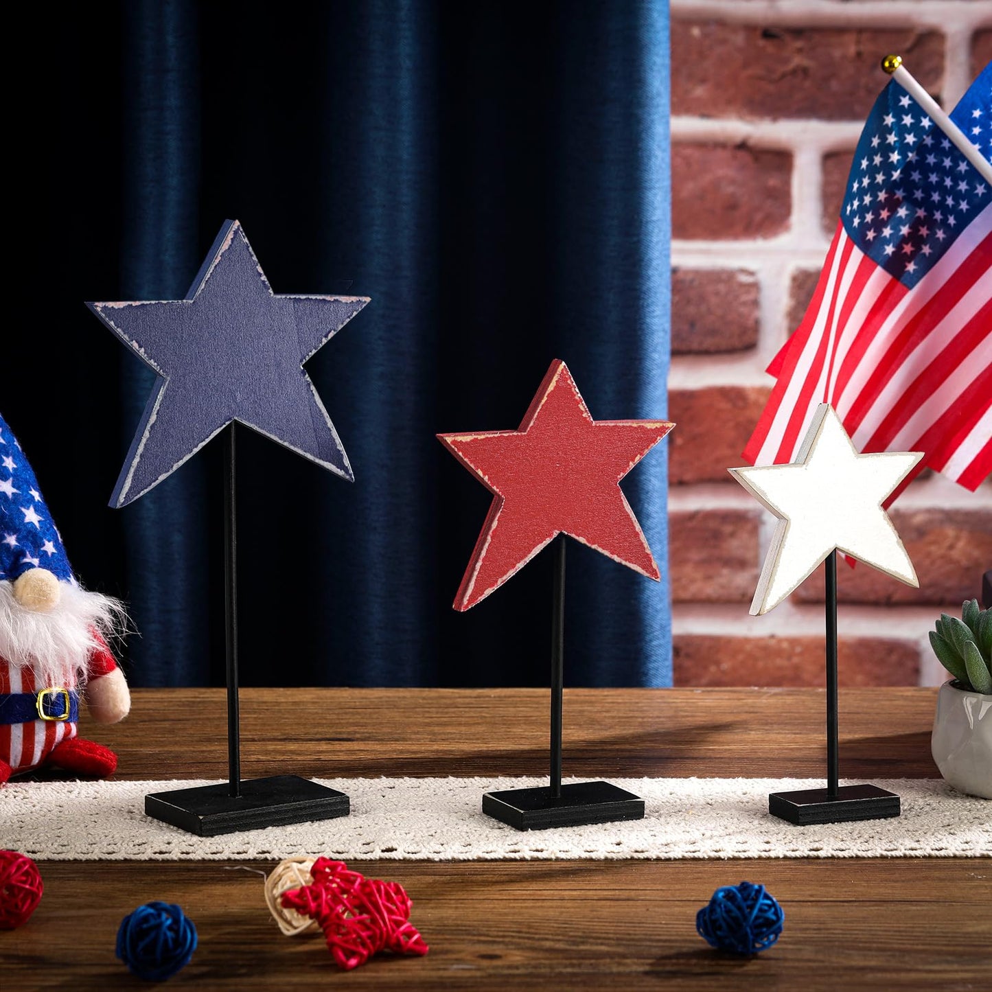 DoubleFill 3 Pcs 4th of July Patriotic Star Decorations 250th Anniversary Memorial Day Table Decoration Red Blue White Star Sign Standing Independence Day Tabletop Centerpieces for Home Office Decor