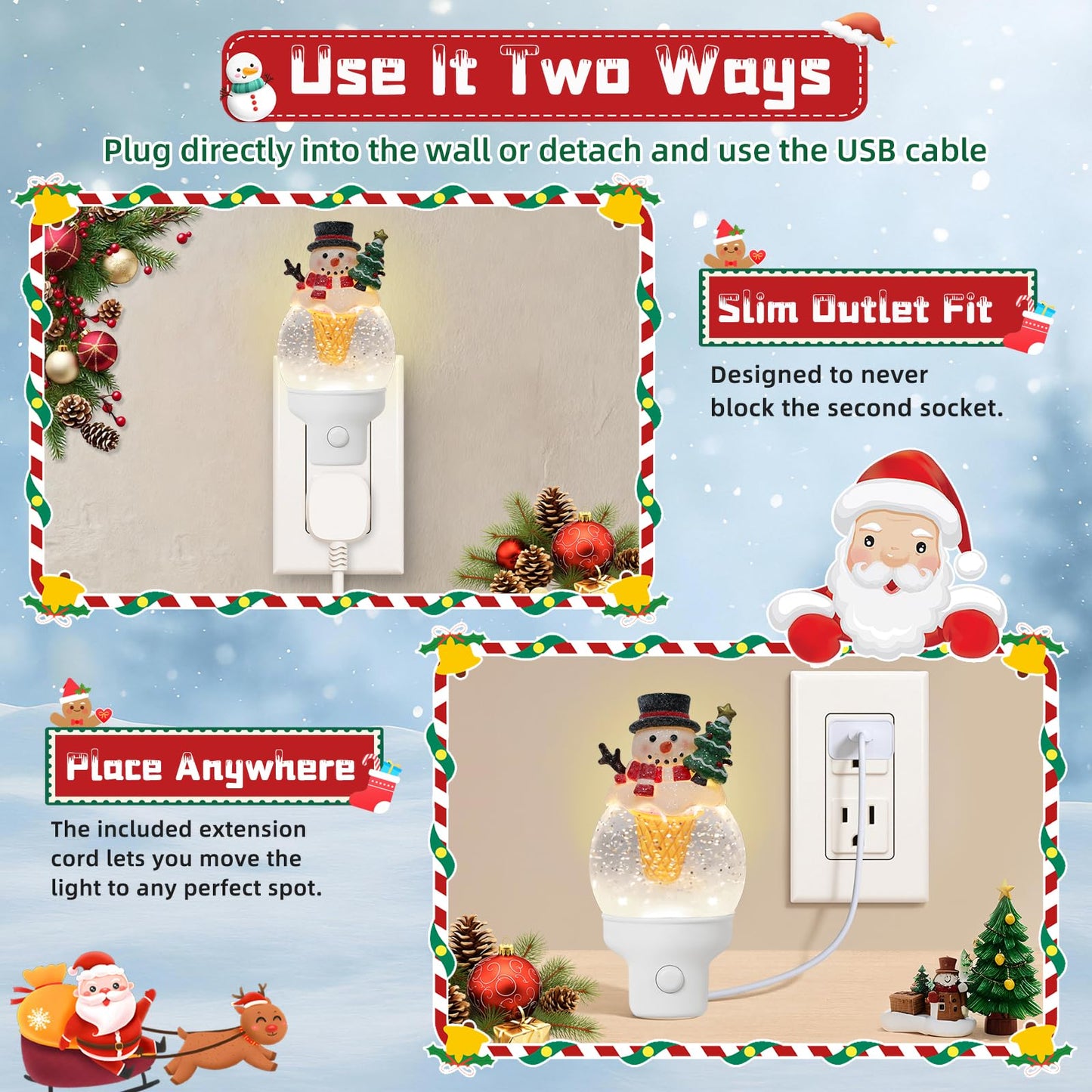 Yuxelulmai Christmas Snowman Night Light Plug into Wall Swirling Glitter USB Portable Christmas Decorative Night Light Decoration for Bedroom Kitchen Living Room Holiday Decor (Snowman Cookie Cone)