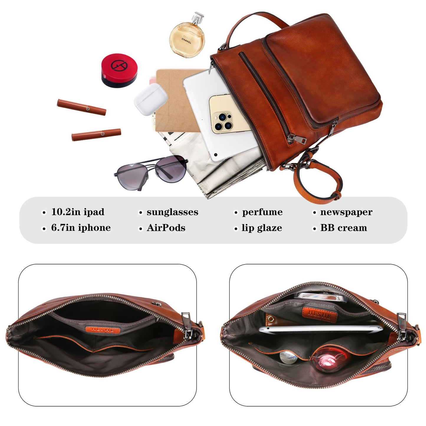 HESHE Genuine Leather Crossbody Purses for Women Soft Leather Purse Satchel Shoulder Bags with Multi Pockets (Brown)