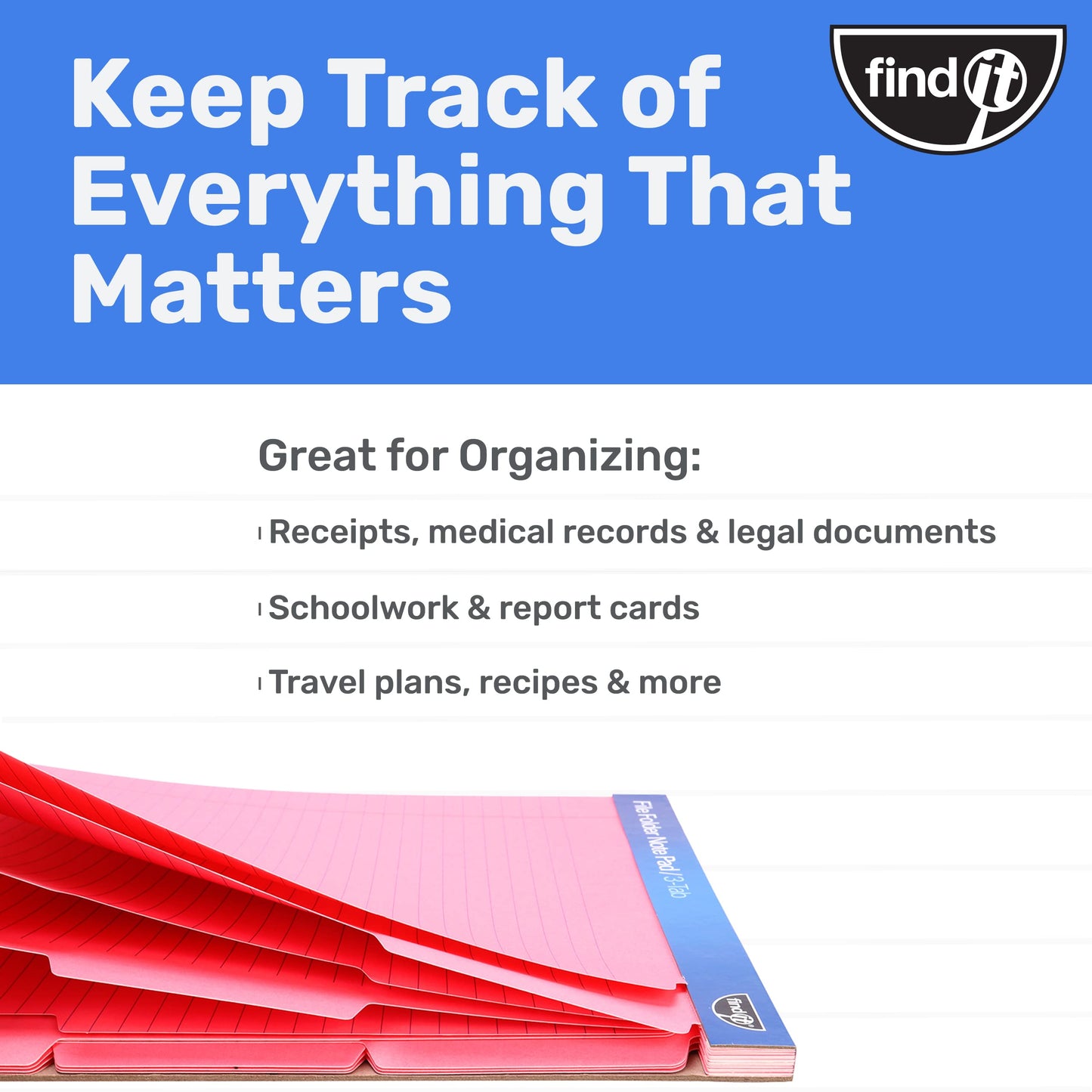 Find It File Folder Notepad - Pack of 12-9.5 x 12.5 Inch Notebook Organizer Folders for Filing, Document, and Clipboard Organization - Pink