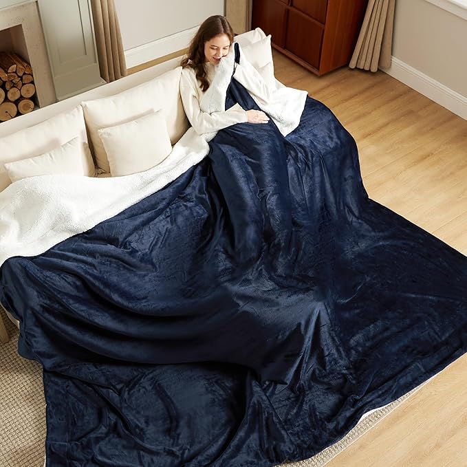 Bedsure GentleSoft Sherpa Fleece Oversized Cal King Blankets for Bed - Thick and Warm Throw for Men, Soft Fuzzy Plush Large Blanket for Winter, Navy, 112x98 Inches