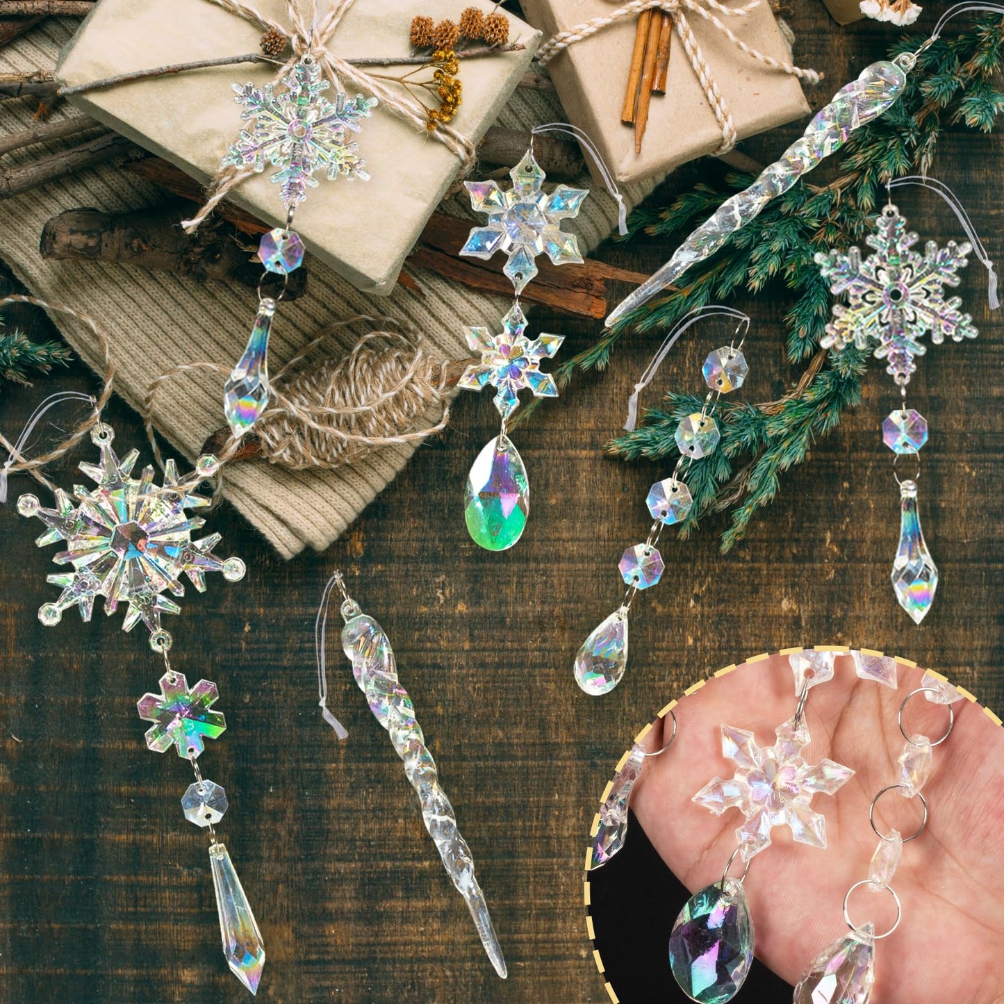 GuassLee 18pcs Crystal Christmas Tree Ornaments - Iridescent Acrylic Snowflake Icicle Drop Crystal Hanging Ornaments for Tree Iridescent Party Decor Christmas Frozen Themed Birthday Decor