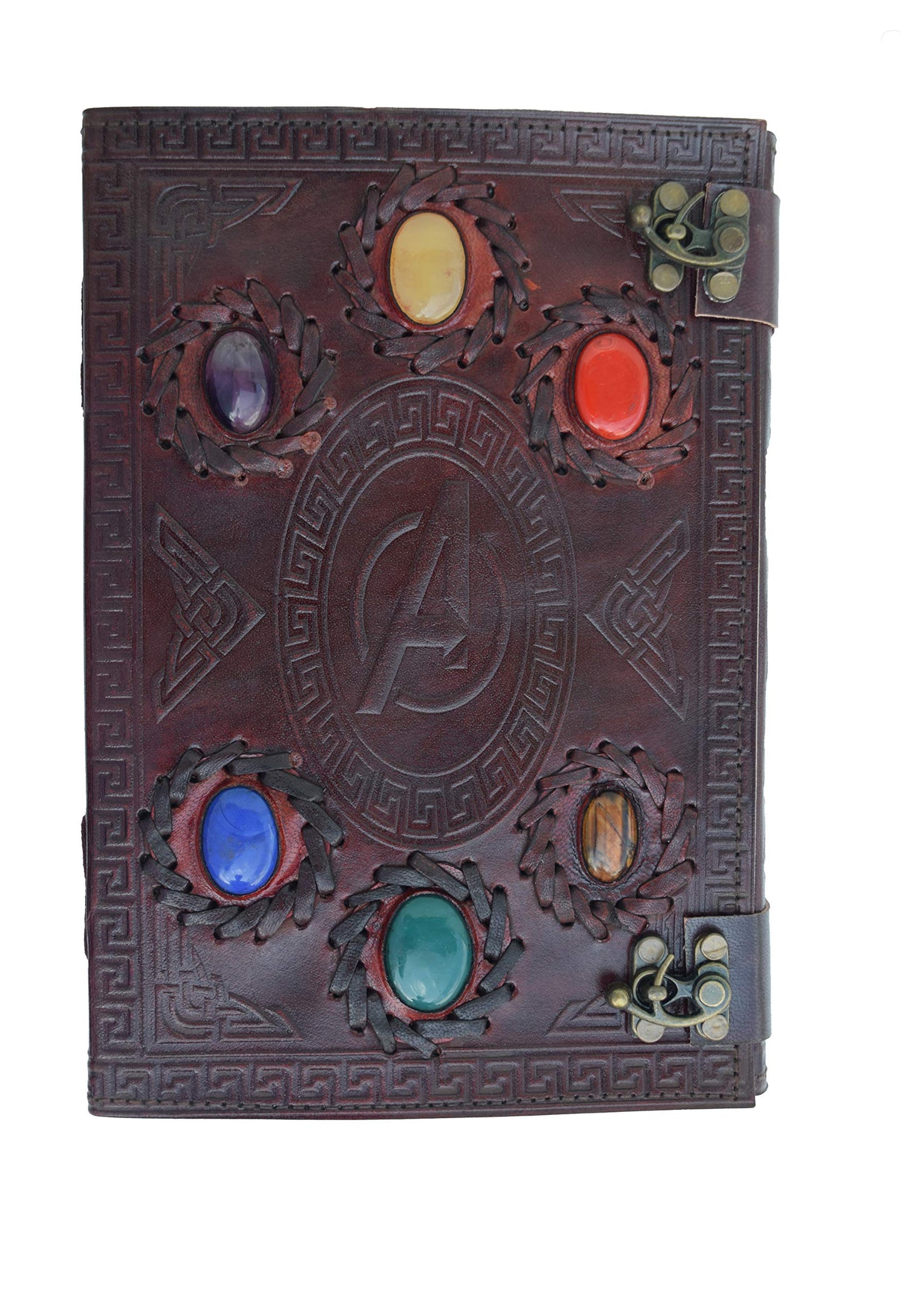 Avengers embossed 10 inches Handmade Leather Journal With Stones/Art Sketchbook & Travel diary with Vintage lock Latch
