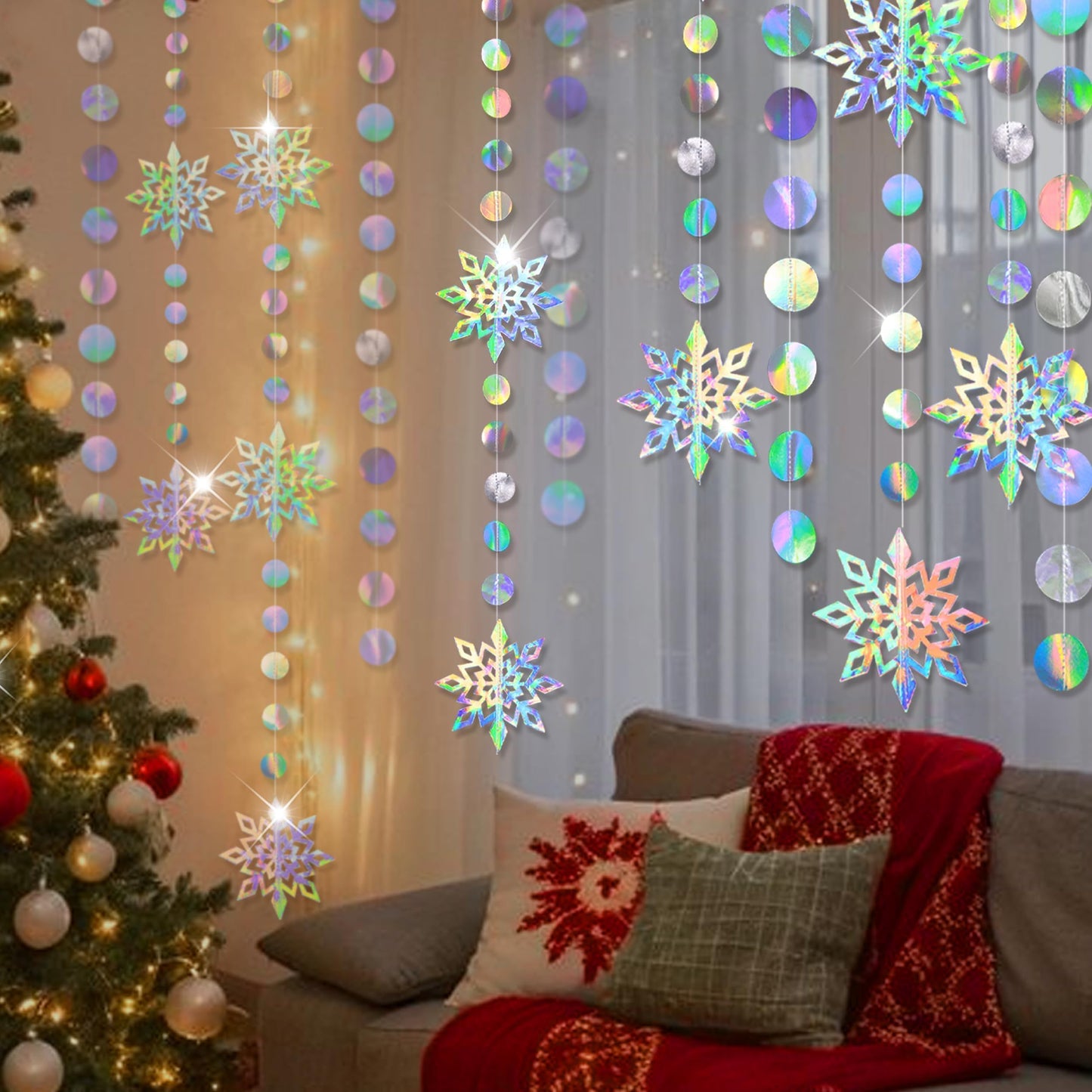 Cheerland Iridescent Winter Wonderland Decorations Snowflake Garland Holographic Snowflakes Ceiling Hanging Streamer for Onederland Birthday Decor Baby Shower Wedding January Party Supplies
