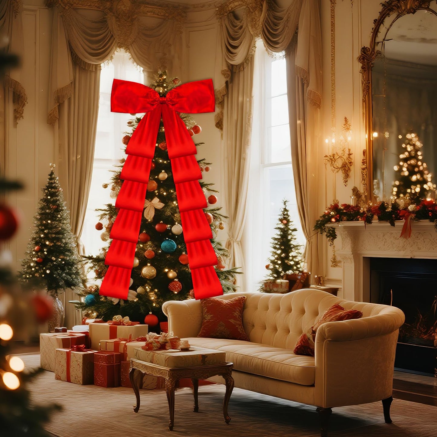 Giant Christmas Tree Bow Topper Big Bow for Christmas Tree Decorations 18X118In Tree Toppers Bows Big Red Bows for Wedding Birthday Party Wall Backdrop (Red)