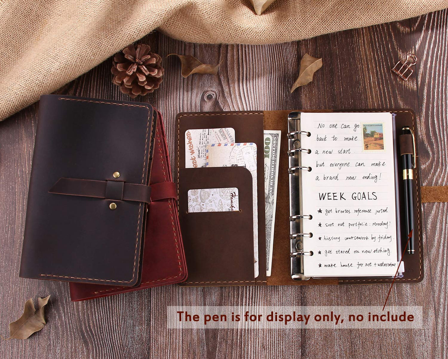 Genuine Leather Journal Writing Notebook, A6 Ring Binder Refillable Diary Notepads, Vintage Handmade Travel Organizer Agenda for Men Women - Brown