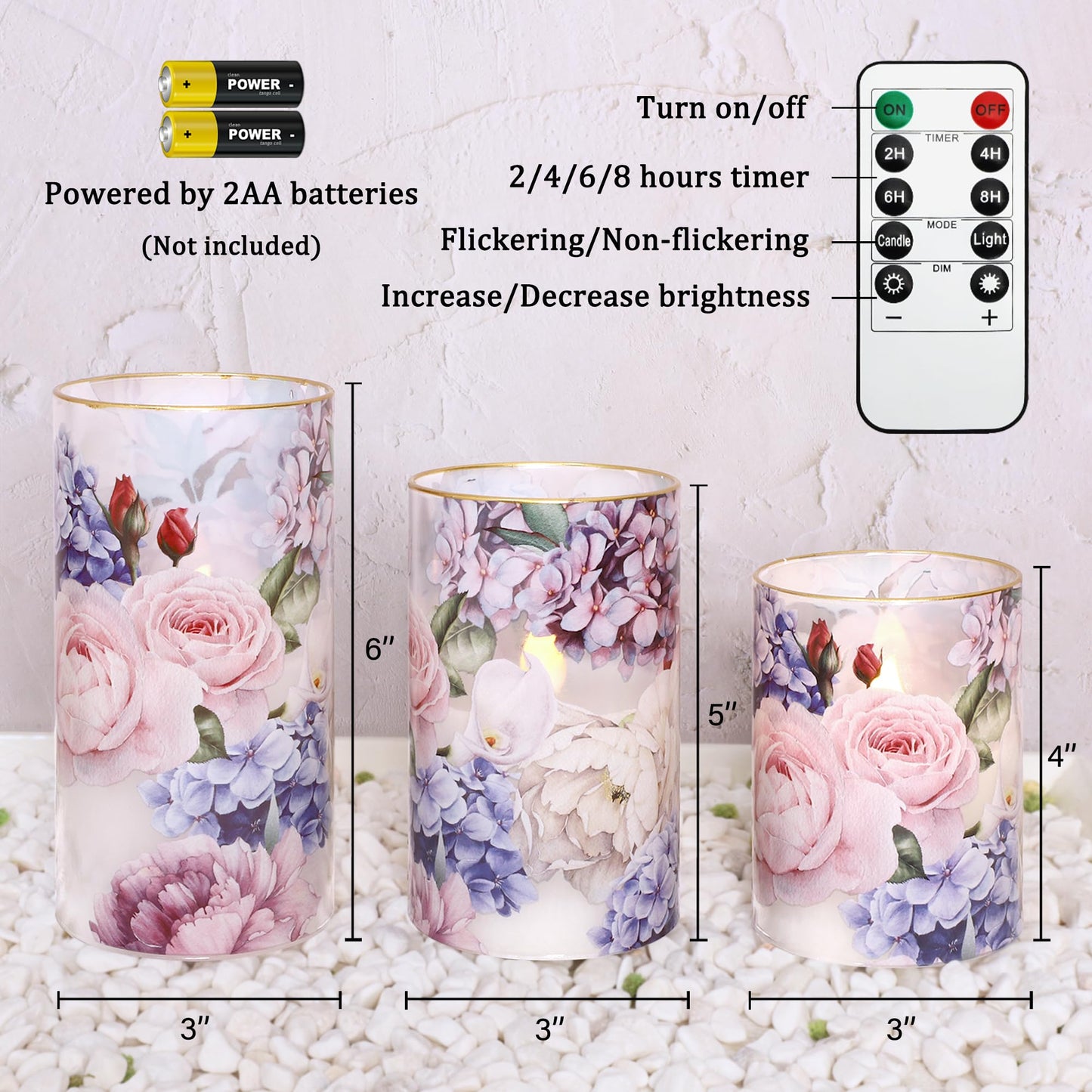 Silverstro Hydrangea Rose Flameless Candles with Remote Control & Timer Function - Real Wax Glass Battery Operated Candles - Home Farmhouse Holiday Christmas Valentine's Day Decorations - Set of 3