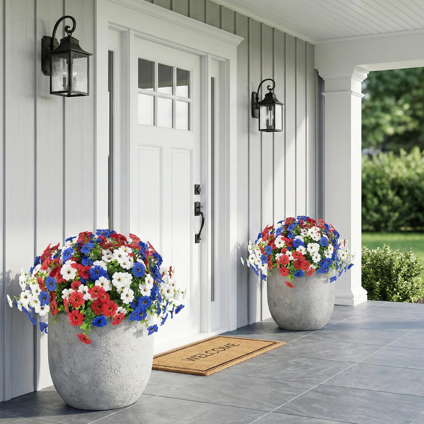 Hananona 2 Set Artificial Outdoor Flowers with Hanging Basket, 2 Hanging Planters with 24 Pcs Patriotic Flowers for Summer Front Porch Patio 4th of July Decor (Red, White, Blue)