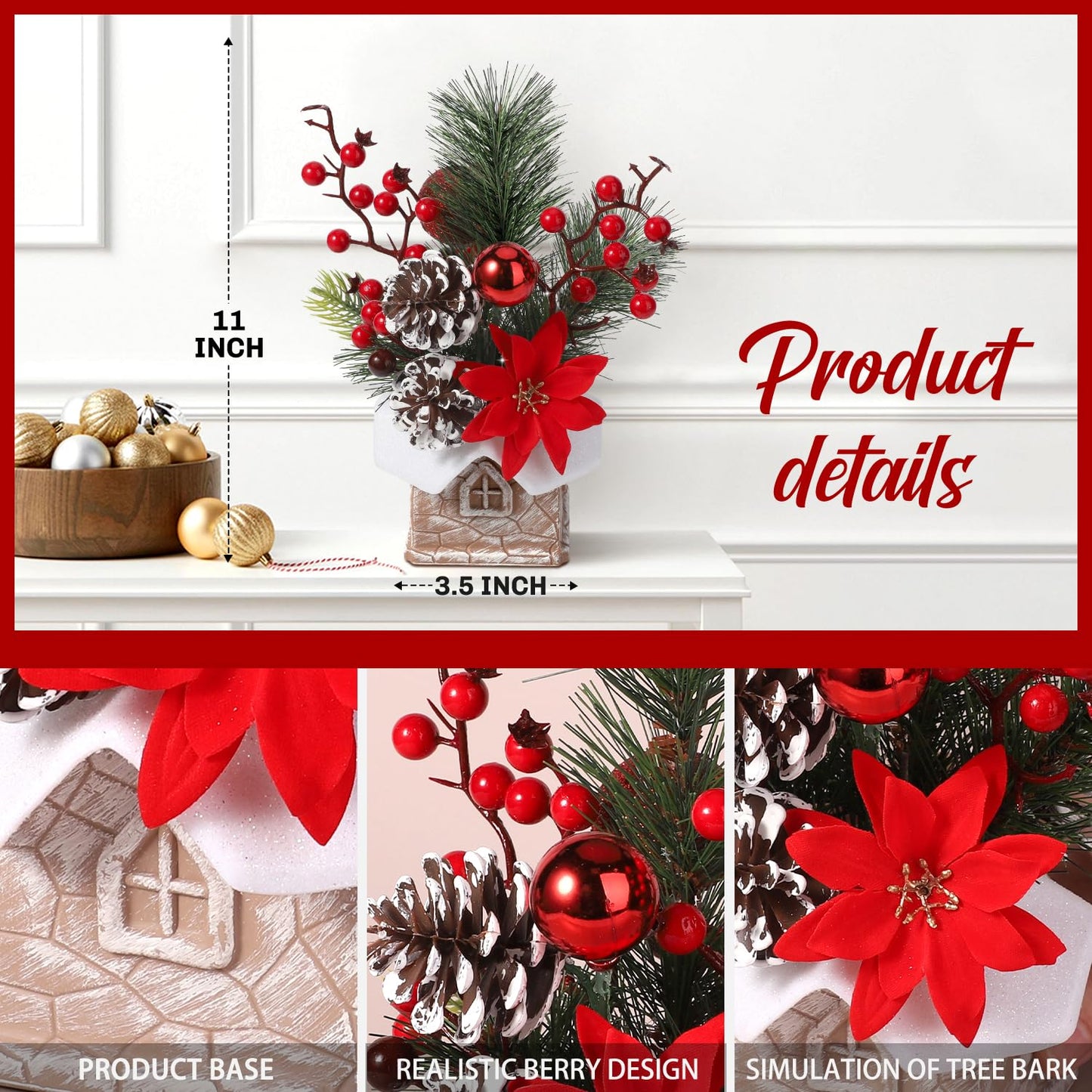Small Christmas Tree Tabletop Artificial Mini Christmas Tree Decorations with Holiday Ornaments Red Berry Pine Cone Greenery for Home Indoor Fireplace Mantel Xmas Decor (Cabin-Red Flowers)