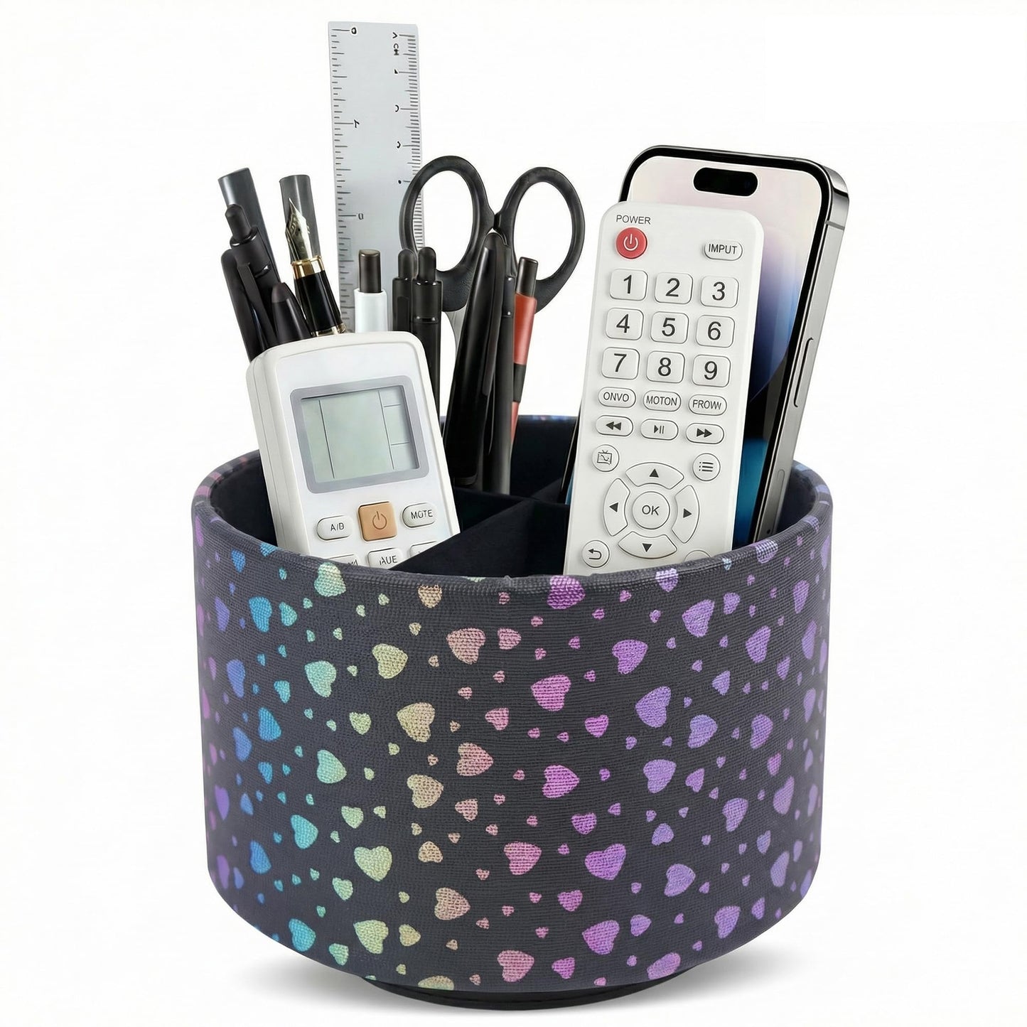 QIELIZI Round Leather Art Supply Organizer,Remote Control Holder,360 Degree Rotating,Multi-Functional Pencil Holder,4 Compartments Desktop Stationary Organizer(1-Heart Black)