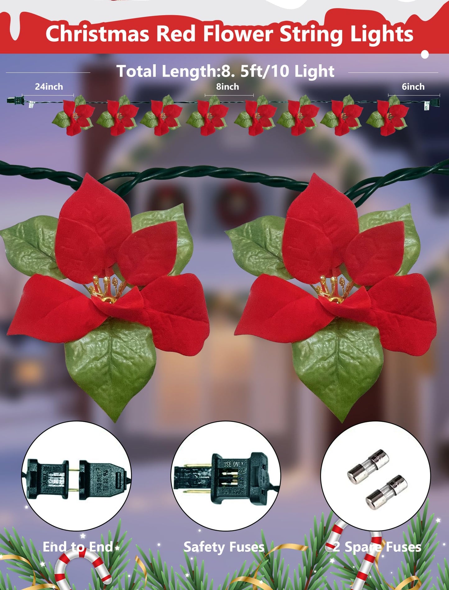 8.5FT Christmas LED Flower String Lights, Christmas Decorations Lights Outdoor with 10 LED Red and Green Flowers Bulbs, Plug in Flower Fairy Light for Valentines Wedding Garden Porch Floral Decor