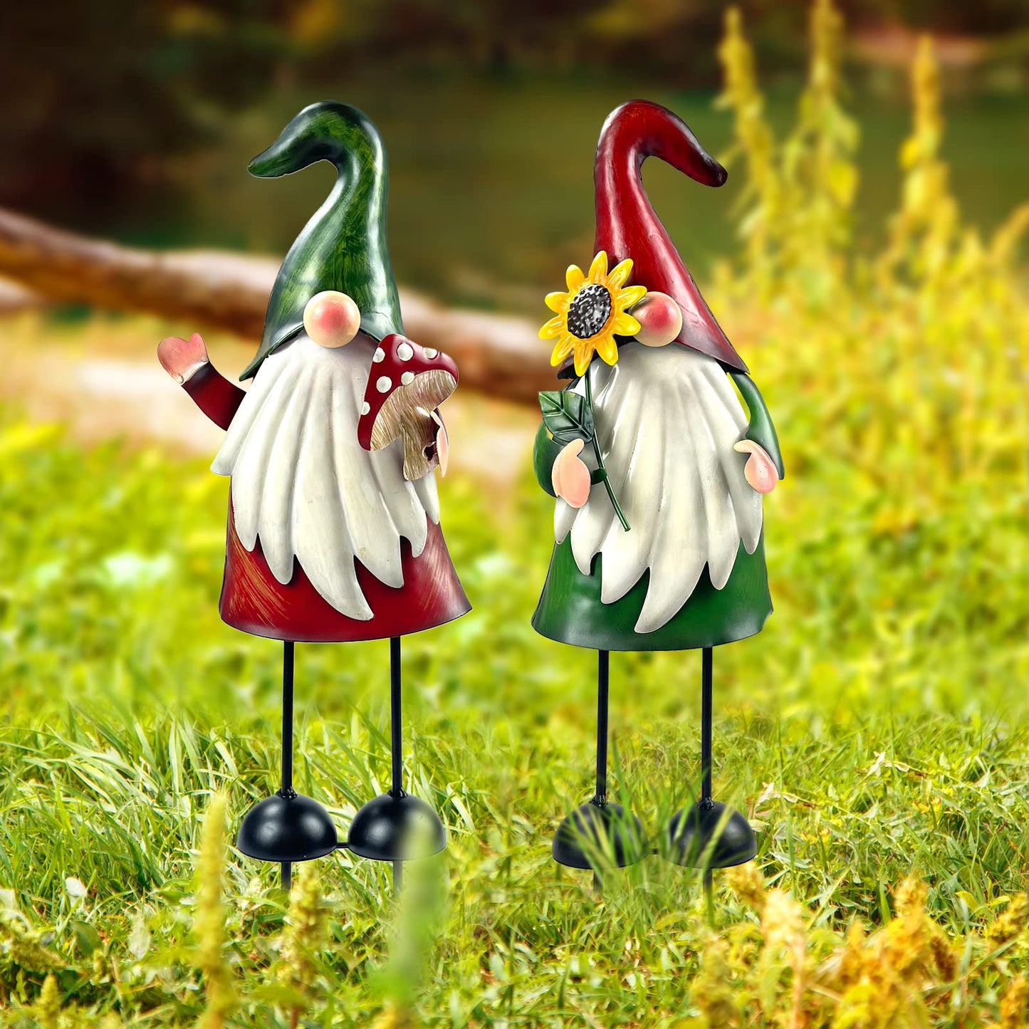 HONGLAND Metal Gnome Yard Art Outdoor Gnomes Garden Statue 18 Inch Gnome Figurine Decorative Stakes for Holiday Christmas Lawn Patio Yard Garden Decor-2 PCS