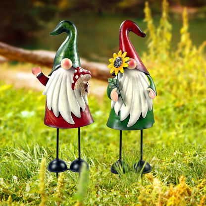 HONGLAND Metal Gnome Yard Art Outdoor Gnomes Garden Statue 18 Inch Gnome Figurine Decorative Stakes for Holiday Christmas Lawn Patio Yard Garden Decor-2 PCS
