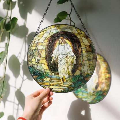 8 Inch He is Risen Resurrection of Jesus Sun Catchers, Stained Glass Window Hanging, Stained Glass Suncatchers for Windows, Christian Home Decor and Christmas, Christian Gift, Religious Gift