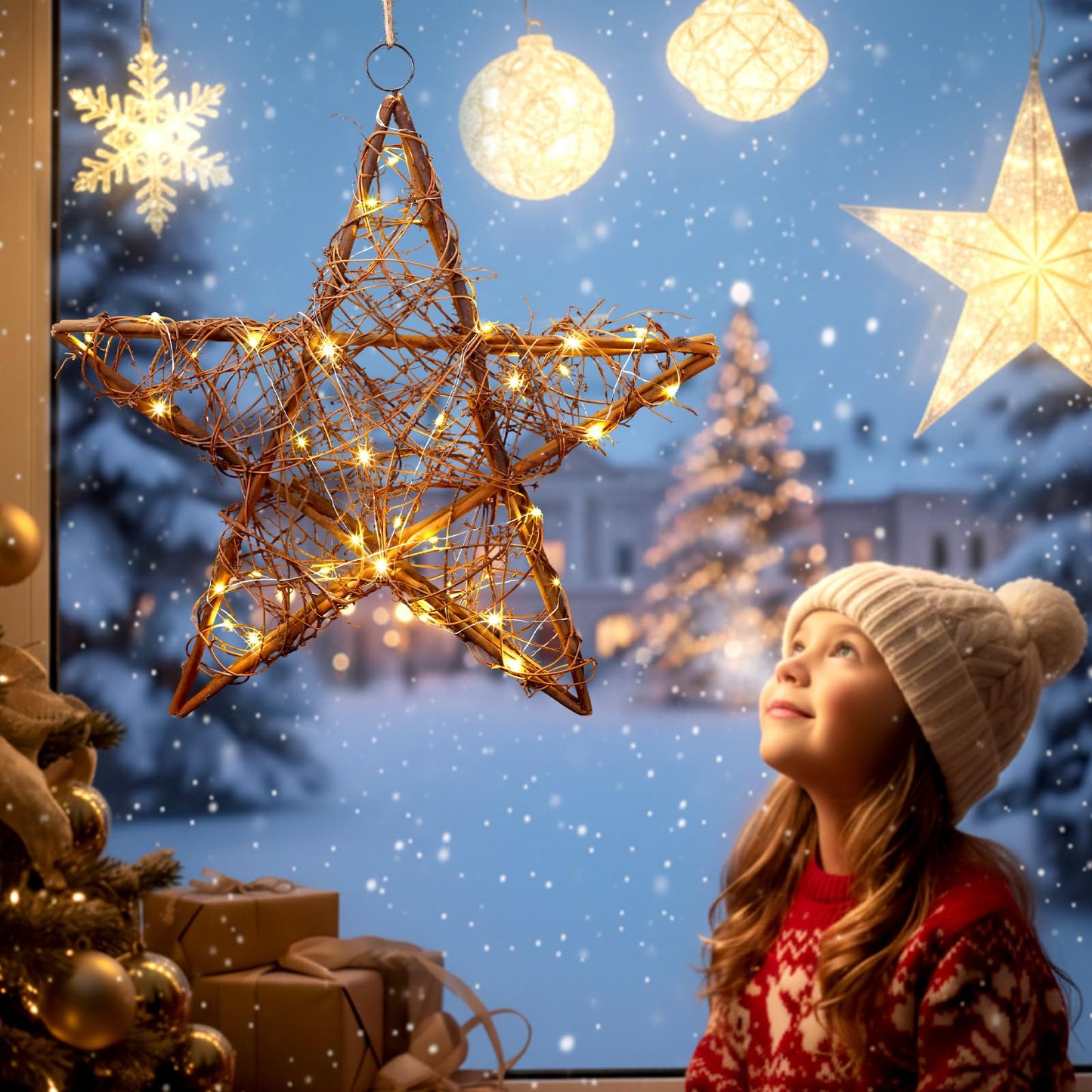 Retisee 24" Extra Large Christmas Star Window Lights Rustic Rattan Hanging Star Lights Battery Operated Rattan Natural Christmas Window Decorations Lamp for Door Porch Home Xmas Tree Outdoor Indoor