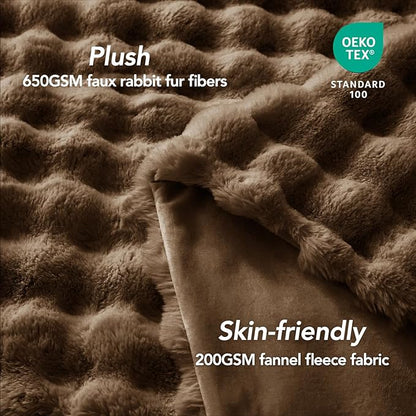 L'AGRATY Faux Rabbit Fur Blanket: 50" x 60" Luxury Soft Fluffy Thick Fur Throw Blanket for Couch Bed Sofa - Cozy Plush Bubble Blankets for Winter: Warm Flannel Fleece Decorative Blanket(Cocoa Brown)