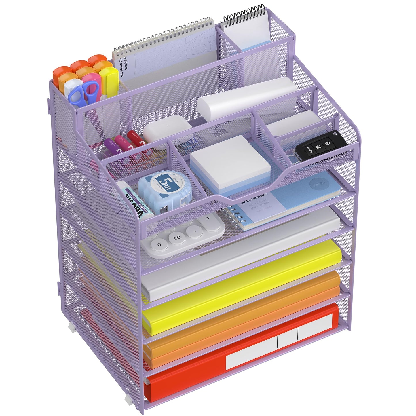 Docnest 6 Tier Mesh Desk Organizer for Paper Office Supplies – Multi-Functional Letter Tray with 5 Adjustable Compartments, 5 Pen Holders, Desktop Storage for Files, Mail, Stationery – Purple