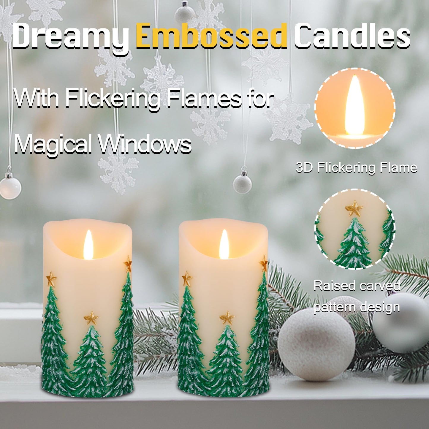 JOIONE Christmas Embossed Tree Flameless Candles with Remote, Battery-Operated Real Wax LED Candle with Flickering Flame, Christmas Home Decor, Set of 2