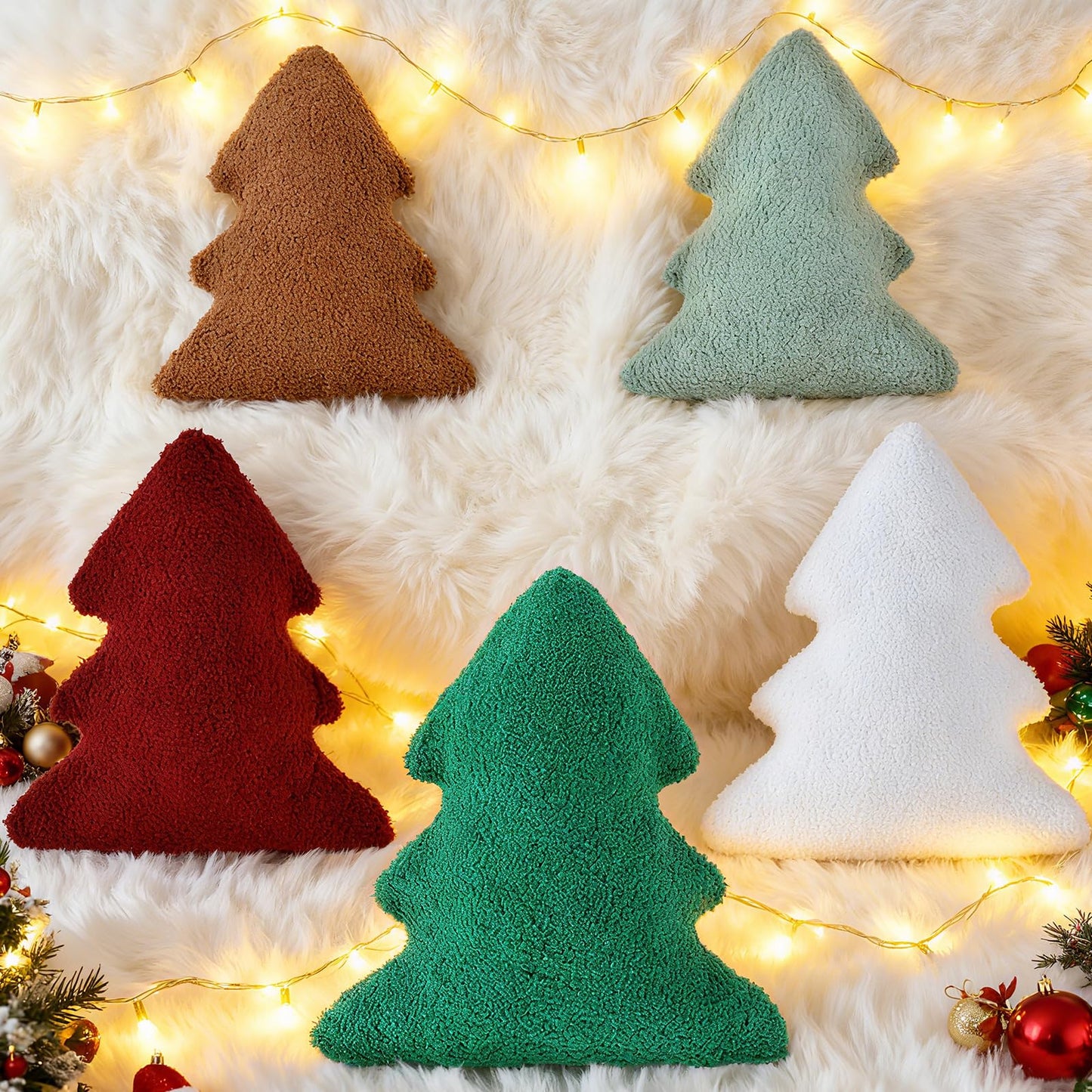 Cumule 5 Pcs Christmas Throw Pillows Cute Xmas Tree Shaped Plush Pillow for Christmas Winter Holiday Party Outdoor Bedroom Cushion Decoration
