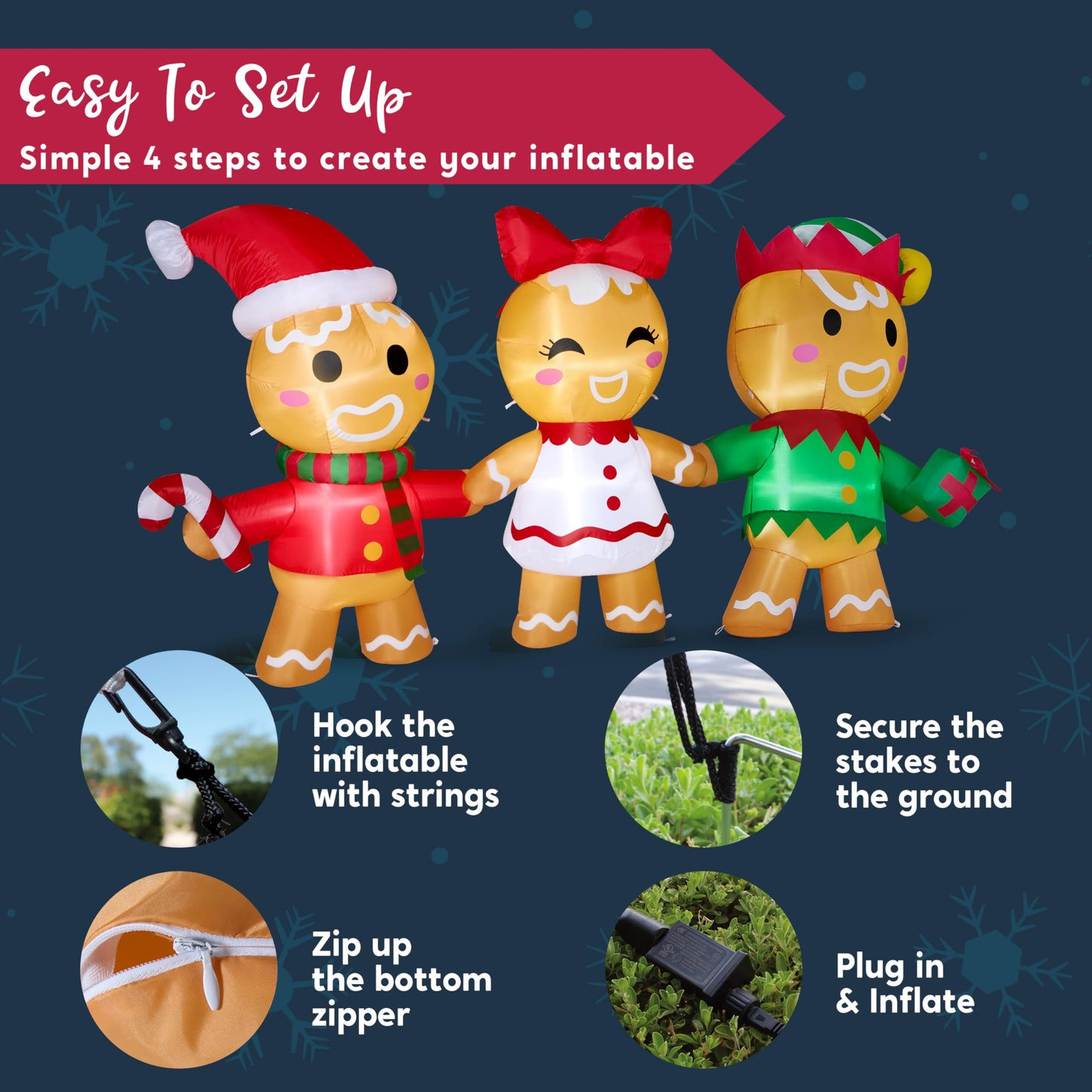 Joiedomi 8 FT Long Christmas Inflatable Gingerbread Decoration, Christmas Blow Ups Three Gingerbread Men Yard Decoration with LEDs, Cute Xmas Gingerbread Inflatable for Outdoor Yard Garden Lawn Decor