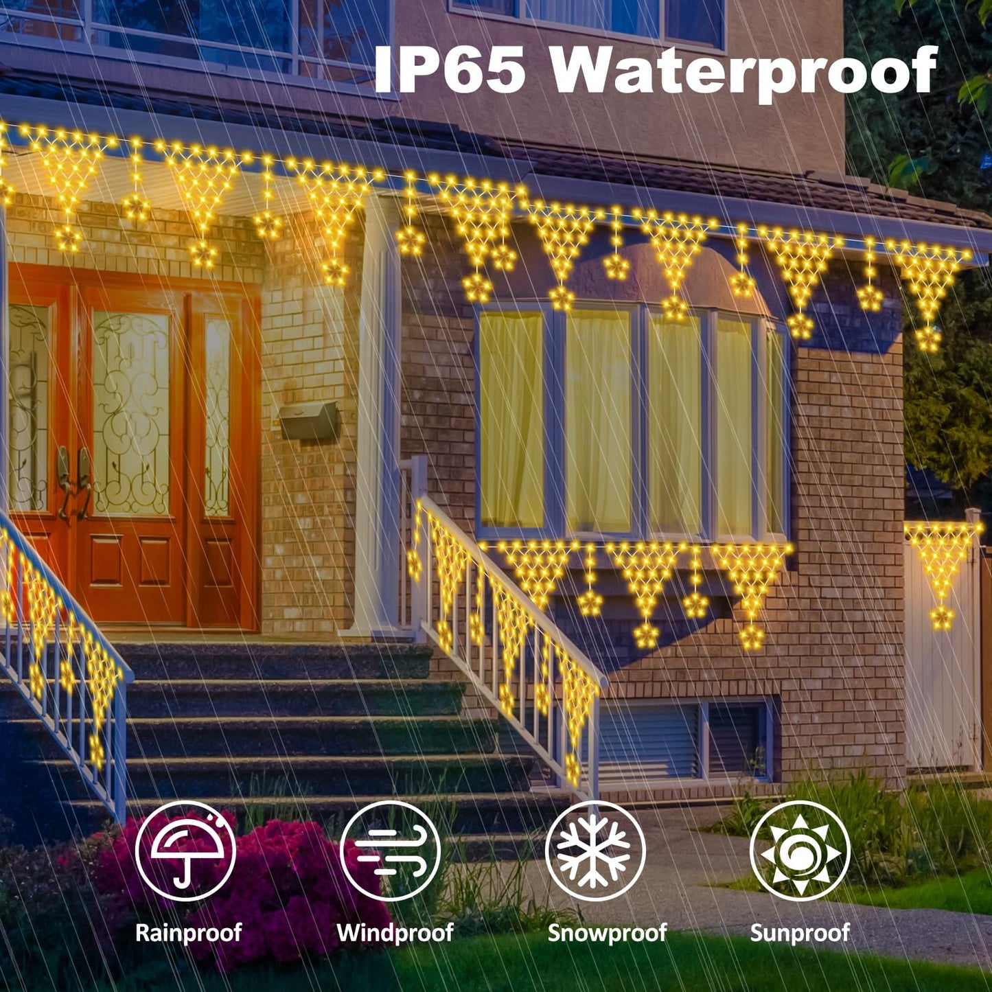 Ramadan Outdoor String Lights Waterproof, 218 LED 13.8FT Star Curtain Fairy Lights with 12 Drops Connectable Clear Wire Christmas Light Decorations 8 Modes for Eaves Yard Wedding Party Holiday Decor