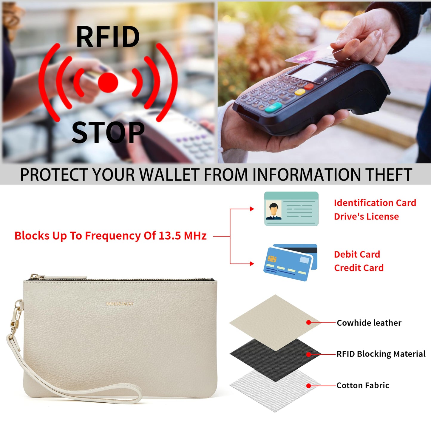DORIS&JACKY Small Leather Wristlet Clutch Purse for Women Slim Designer Wallet and Cellphone Pouch Bag With Detachable Strap (Off White)