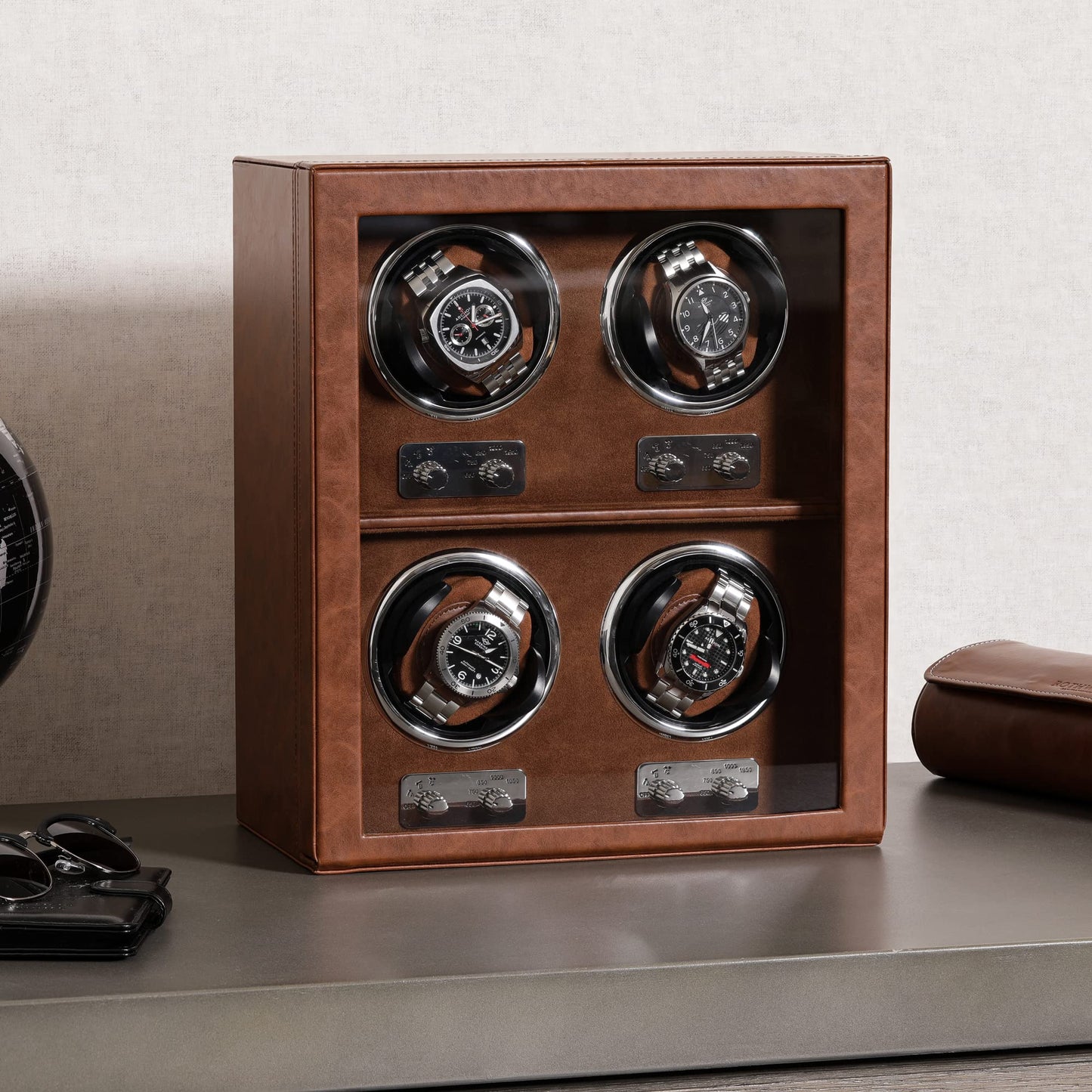 ROTHWELL 4 Watch Winder for Automatic Watches with Quiet Motor with Multiple Speeds and Rotation Settings (Tan/Brown)