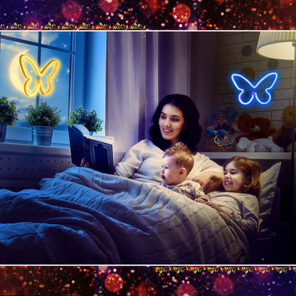 Riakrum 2 Pcs Butterfly Neon Signs LED Light 3AA Battery Powered USB Operated Wall Neon Light Decor Butterfly Wall Art for Christmas Home Bedroom Birthday Party Decor(Blue, Warm White)