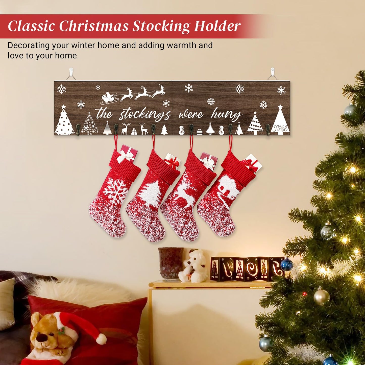 LIKAJON Wooden Christmas Stocking Holder for Wall, 24.8 Inches Xmas Stocking Hangers for Wall, The Stocking were Hung Wood Hanging Sign with 6 Hangers for Christmas Fireplace Mantel Decorations