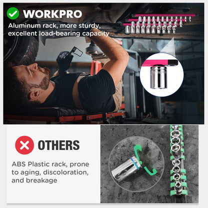 WORKPRO Magnetic Socket Organizer, 1/2-Inch Drive Aluminum Alloy Socket Rail, Heavy Duty Socket Holder, Socket Rack Kit 1/2-Inch x 10 Clips Rose Red(Socket not Included)