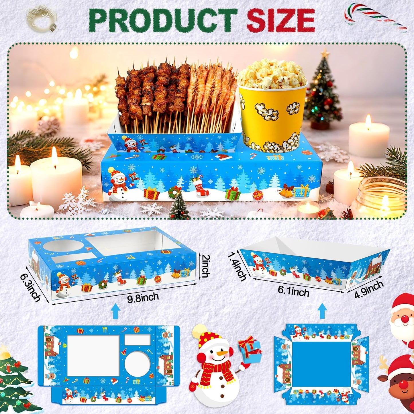 Jansun 36Pcs Christmas Movie Night Snack Trays Blue Candy Popcorn French Fries Snack Trays Christmas Movie Boxes for Snacks Tray Xmas Party Supplies