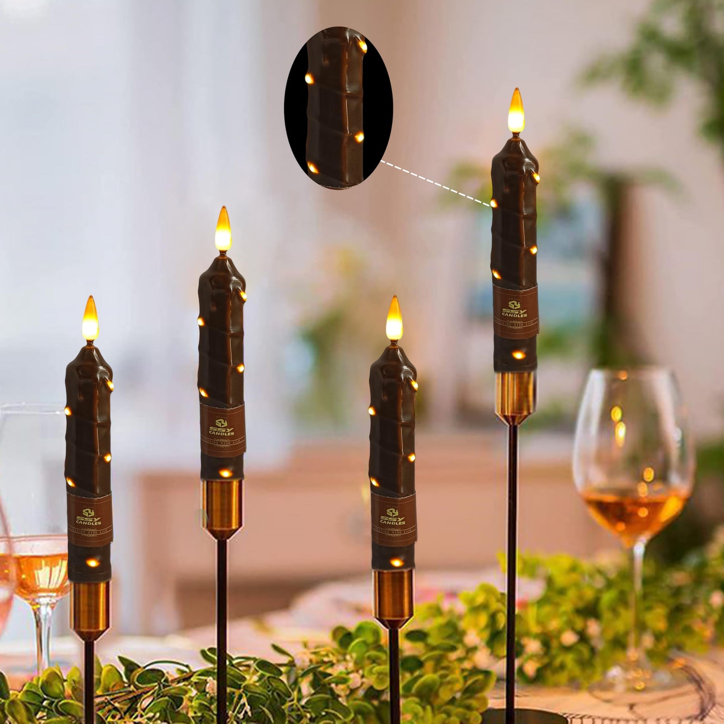 6.5 Inch Brown Flameless Taper Candles - 4 Pack Handmade Real Wax LED String Surface Candles with 10 Key Remote Timer Battery Operated LED Taper Candle for Thanksgiving Christmas Holiday Decor