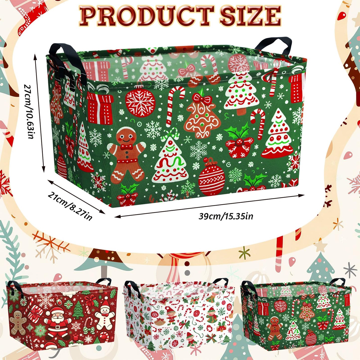 Bulyoou 4pcs Christmas Storage Basket Fabric Laundry Baskets with Handle Xmas Foldable Organizer Boxes for Office Home Baby Cloth Toy Book 15 x 10 x 8(Retro)