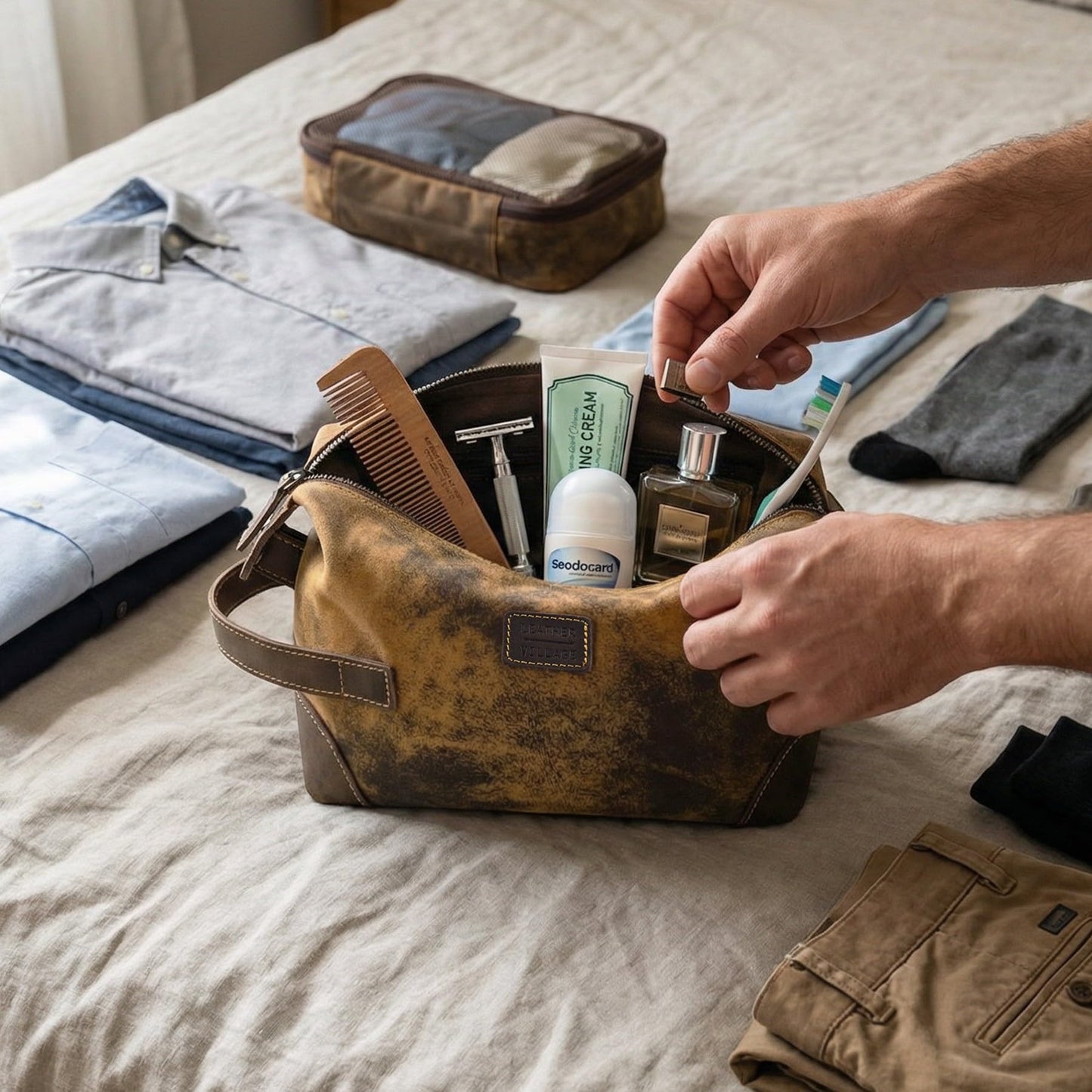 LEATHER VILLAGE Genuine Leather Dopp Kit for Men & Women with Waterproof Lining – Distressed Travel Toiletry Bag, Shaving & Bathroom Essentials Organizer - Distressed Brown