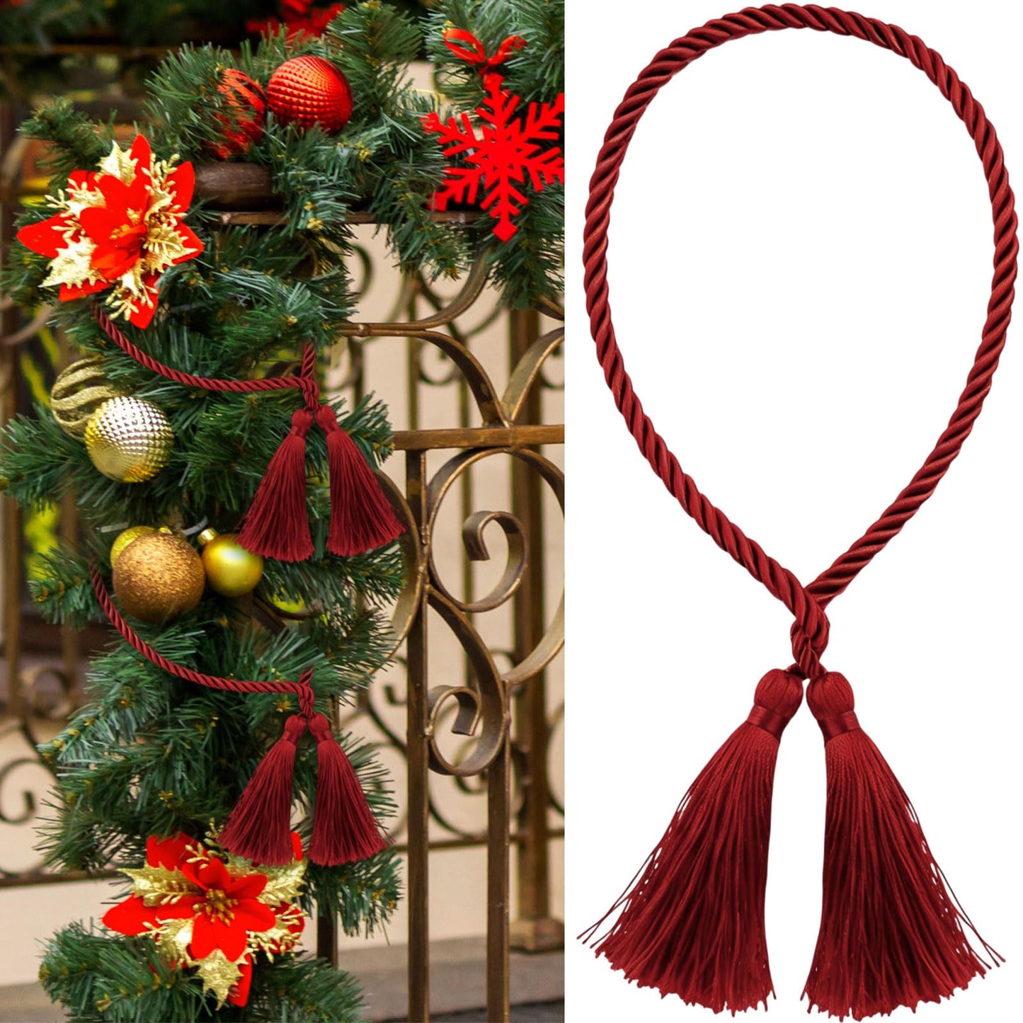Zhengmy 15 Pcs 24 Inch Christmas Garland Ties with Tassels Decorative Twist Tie for Banister Reusable Flexible Twist Tie for Garland Fireplace Staircase Banister Home Xmas Holiday Decorations (Red)