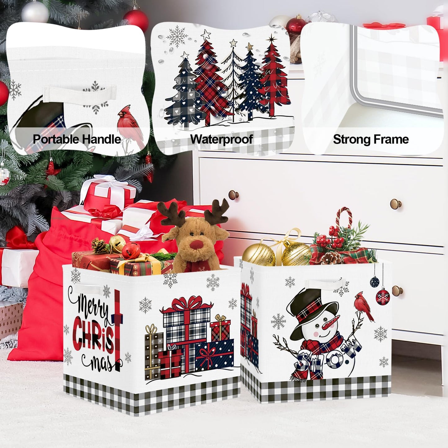 Clastyle 3 Pcs Large Christmas Tree Storage Basket Set Santa Claus Candy Snowman Book Toy Basket Snowflake Xmas Gift Storage Bins Boxes for Laundry Nursery Home,Red Black Snowman,11.8x11.8x11.8 in