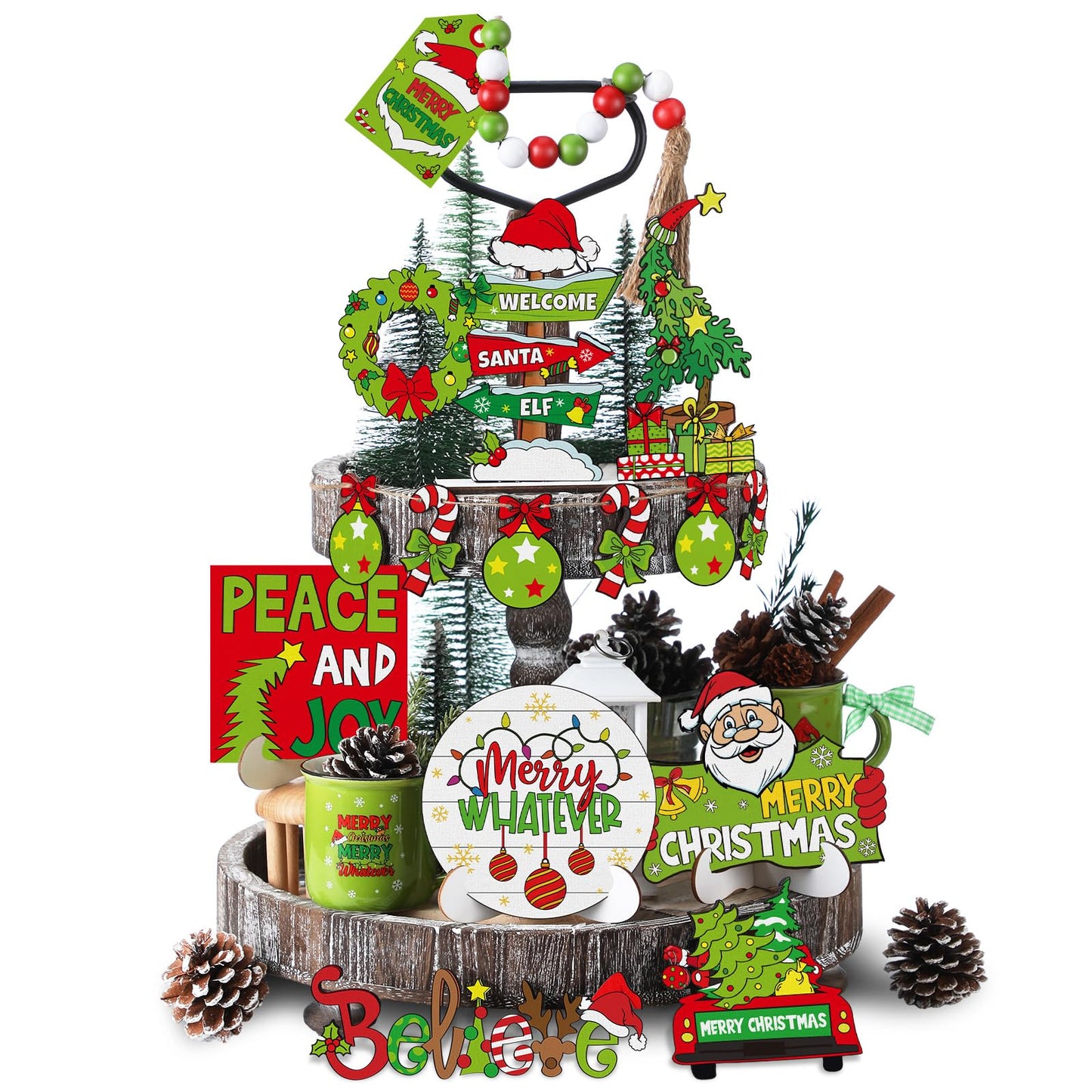 GlikCeil 19 Pcs Christmas Tiered Tray Decor Set Lime Green Red Tray Decorations Merry Christmas Decor Items Santa Candy Wooden Sign Xmas Table Centerpieces Decorations for Home Shelf Party