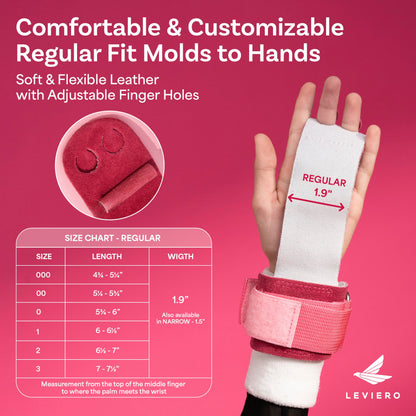 LEVIERO Gymnastics Grips Set, Grips for Gymnastics Girls, Dowel Grips with Soft Leather, Hook and Loop Wrist Straps, and Adjustable Finger Holes, for All Ages - (Pink, 2)