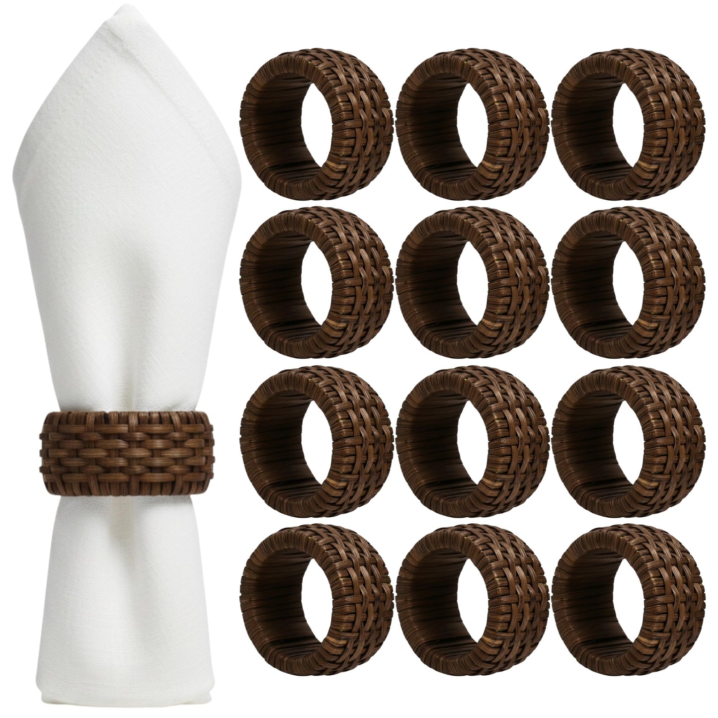 ALPHA Living HOME Woven Napkin Rings Set of 12, Rustic Farmhouse Cane Napkin Rings Round Handmade Napkins Rings Boho Tabletop Decor for Thanksgiving Christmas Party Wedding Deco (Brown)