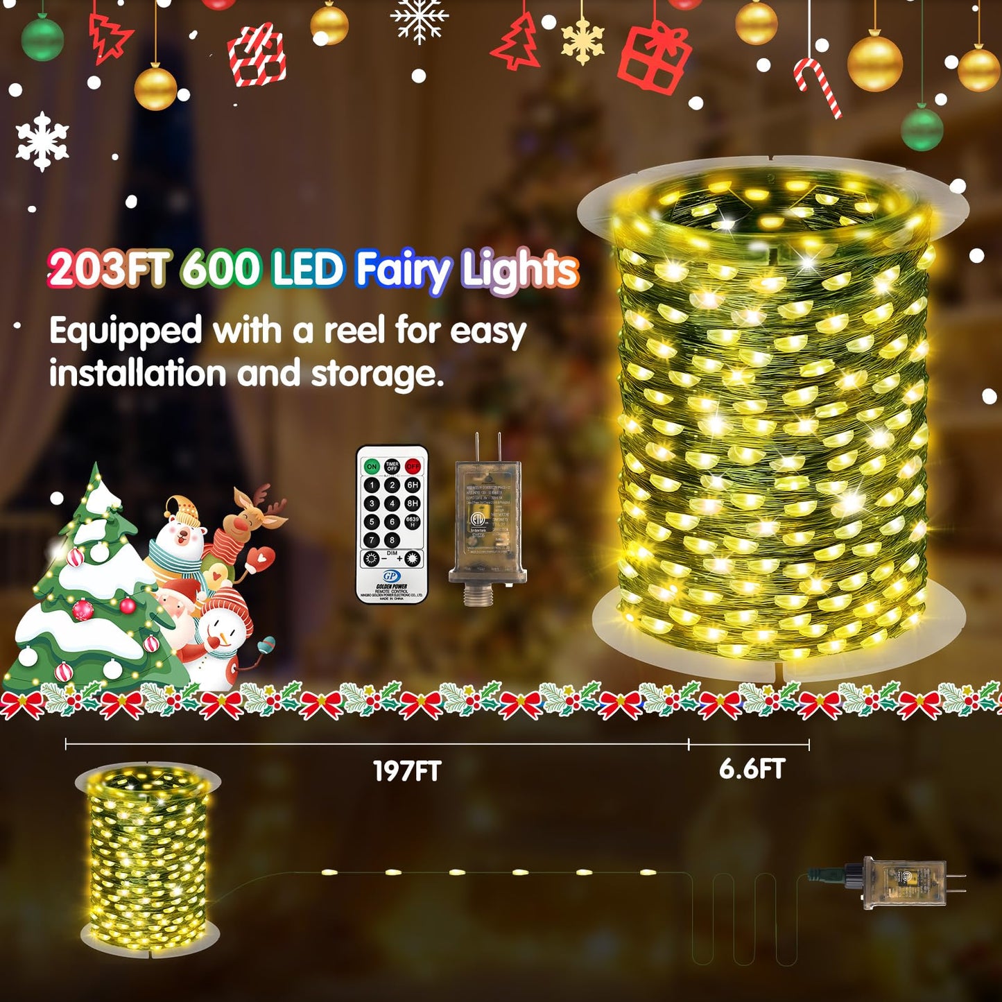 KNONEW 203FT Outdoor Christmas Fairy Lights Plug in,600 LED String Lights Outdoor Waterproof 8 Modes Memory Times for Wedding Bedroom Walls Garden Trees Decoration(Warm White)