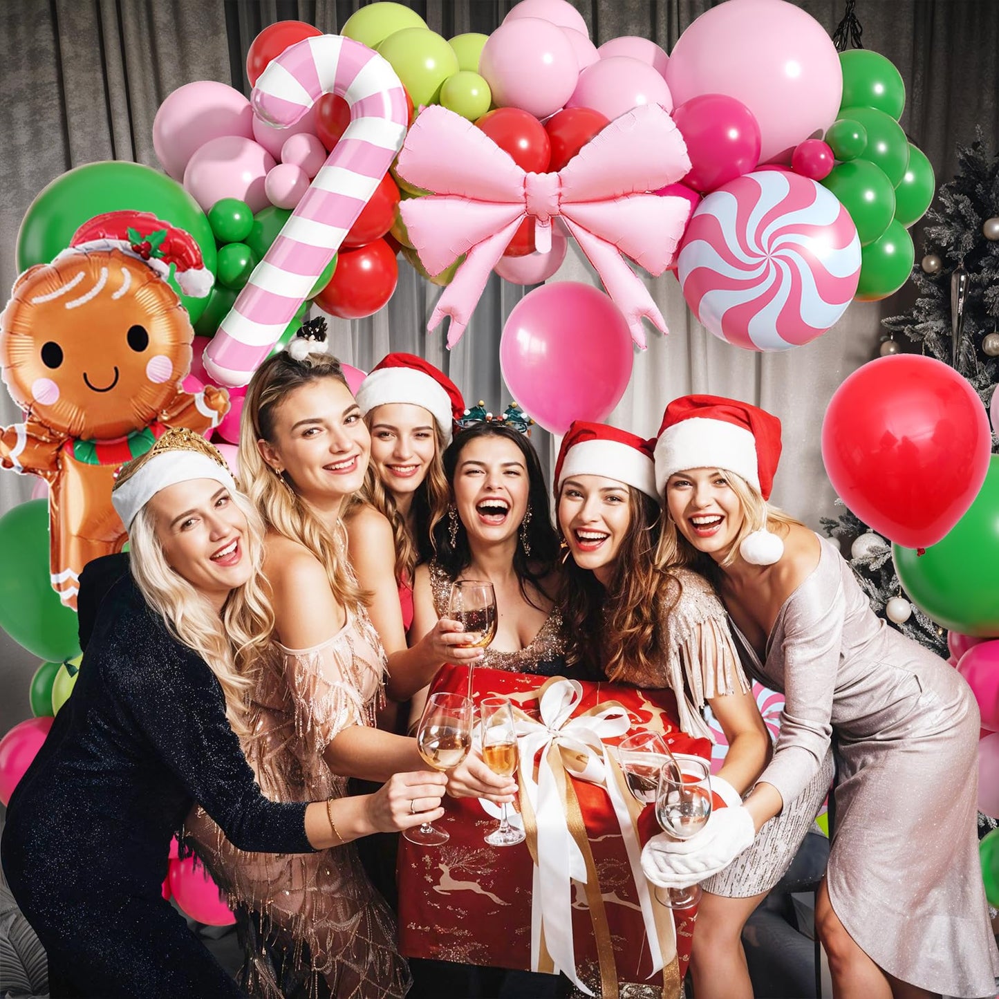 Christmas Balloons Arch Kit, 125 PCS Hot Pink Green Red Christmas Balloons, Gingerbread Balloon Garland with Candy Cane Bow & Gingerbread Foil Decorations for Party