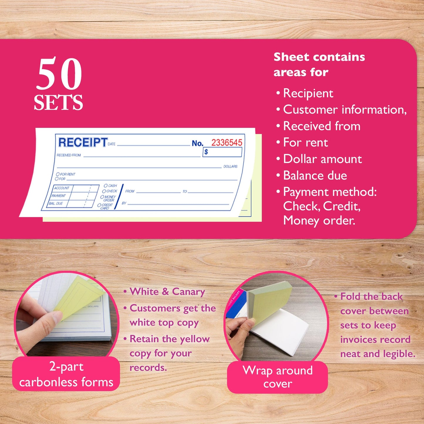 BAZIC Products Receipts Book, Money Cash Rent Receipts for Landlords, Business & Offices, 2-Part Carbonless Forms, 50 Sets 7 1/2" x 2 3/4", White with Bound Wraparound Cover, (50 Sets/Pack), 24-Packs
