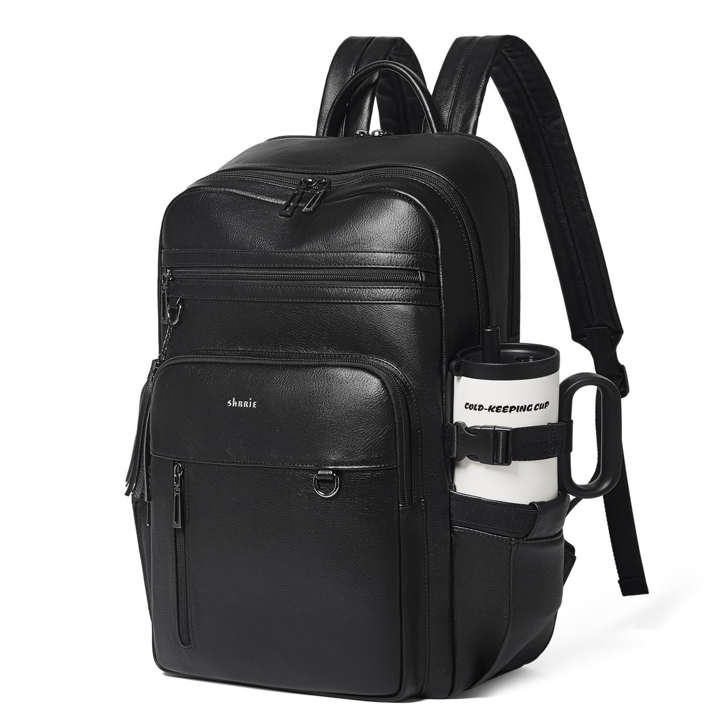 Shrrie Vegan Leather Laptop Backpack for Women,17 Inch Computer Backpack Purse for Work Business College Travel Teacher Nurse with Anti-theft Pocket & Giant Tumbler Holder Pocket,Black