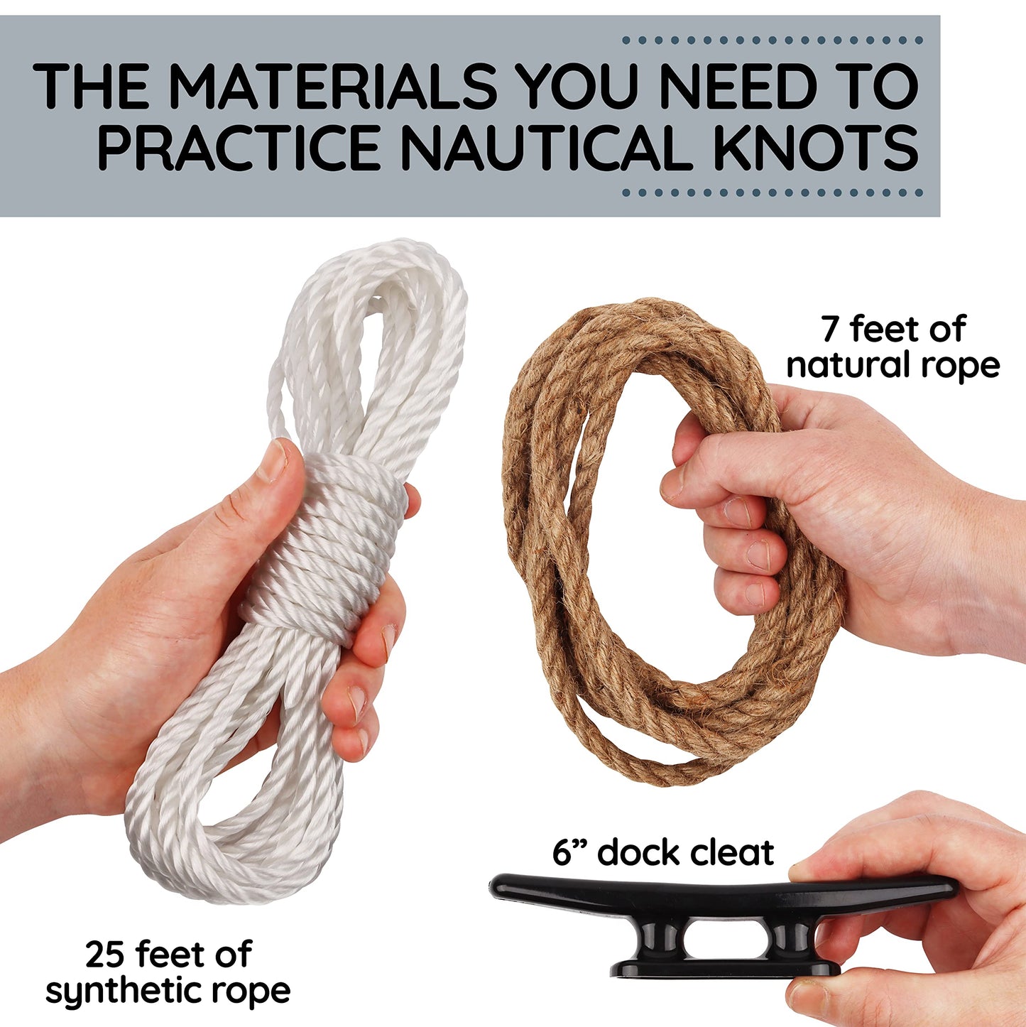 Deluxe Nautical Knot Tying Kit: Guide to 21 Knots, 6" Boat Cleat, and Rope