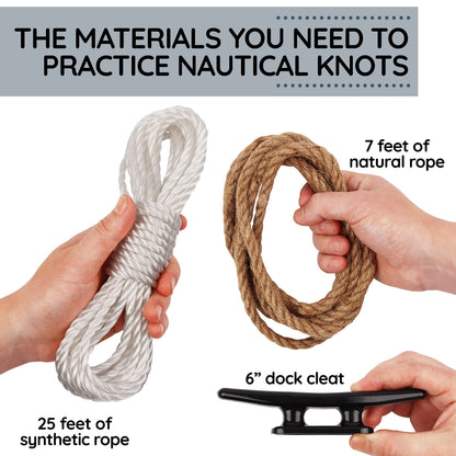Deluxe Nautical Knot Tying Kit: Guide to 21 Knots, 6" Boat Cleat, and Rope