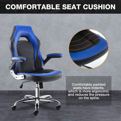 OLIXIS Ergonomic Gaming Office Chair - PU Leather Executive Swivel Computer Desk Chair with Flip-up Armrests and Lumbar Support for Working, Studying, Gaming, Grey, Blue (A-95blue)